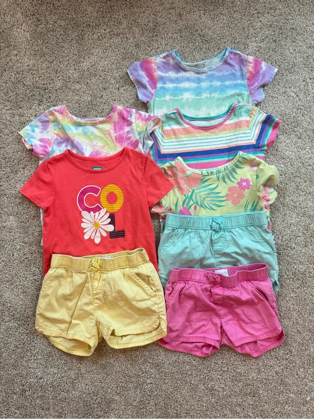 Girls Size 6 Summer Outfit Lot 8 Pieces Graphic Tees & Shorts Tie Dye Stripes
